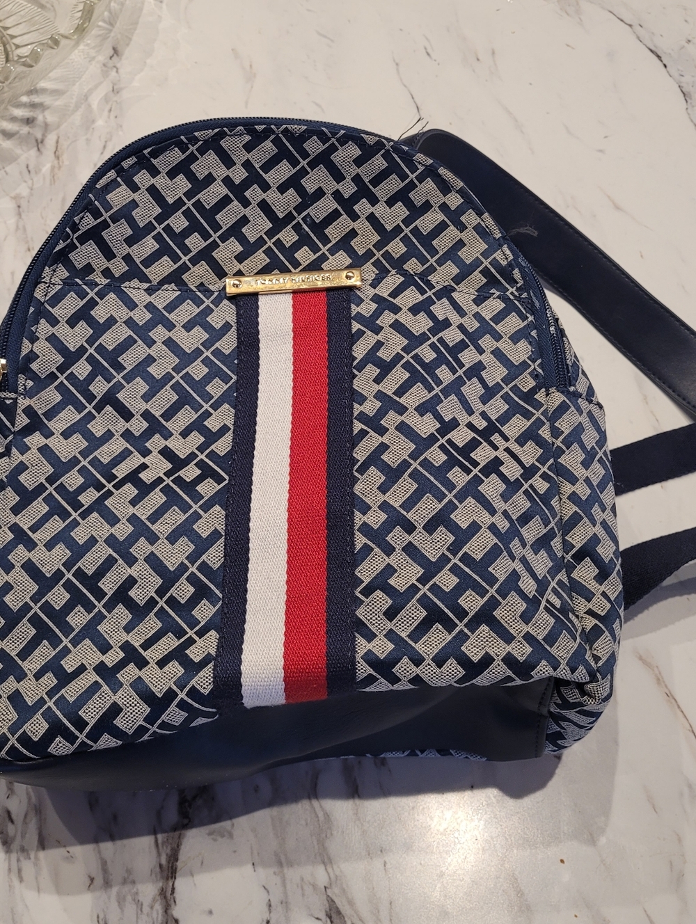 Vintage Tommy Hilfiger Monogram Backpack Purse Navy Blue Mini Backpack Red White